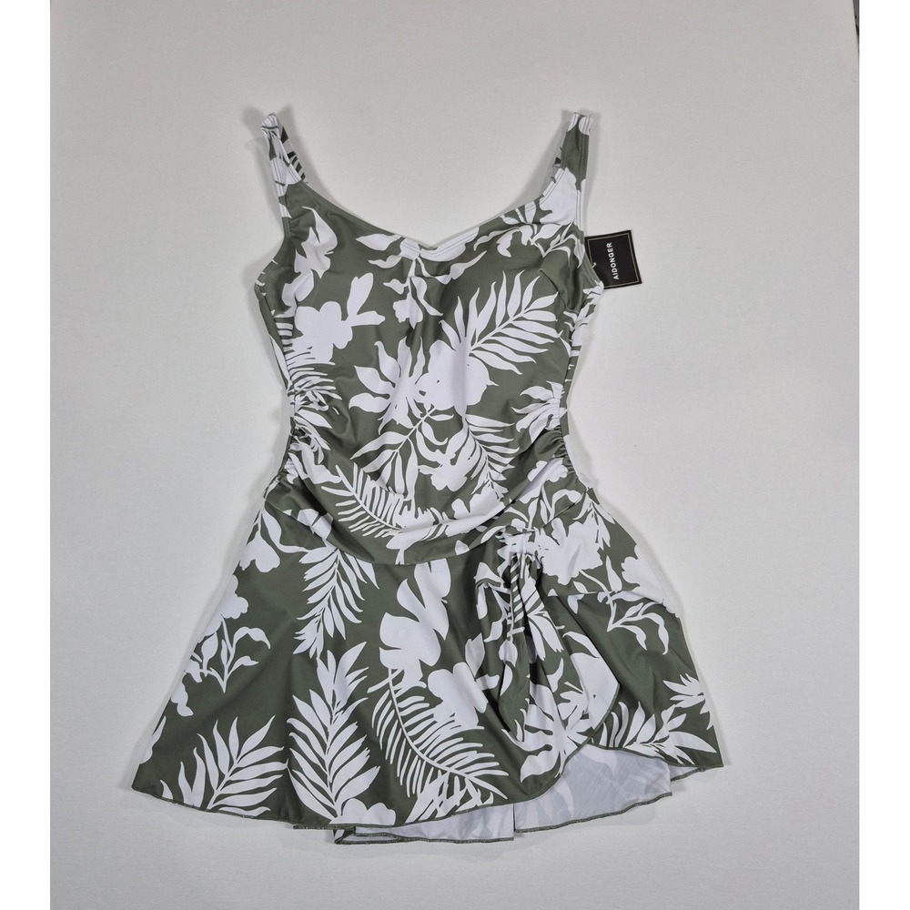 Aidonger Floral Palm Leaf Print Swim Dress One Piece Green White NWT Medium